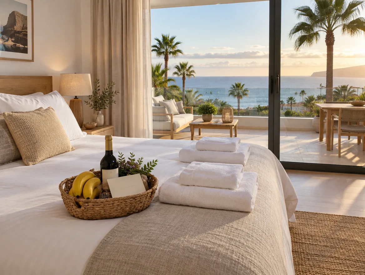Dormitorio preparado para huéspedes con toallas, cesta de bienvenida y vistas al mar