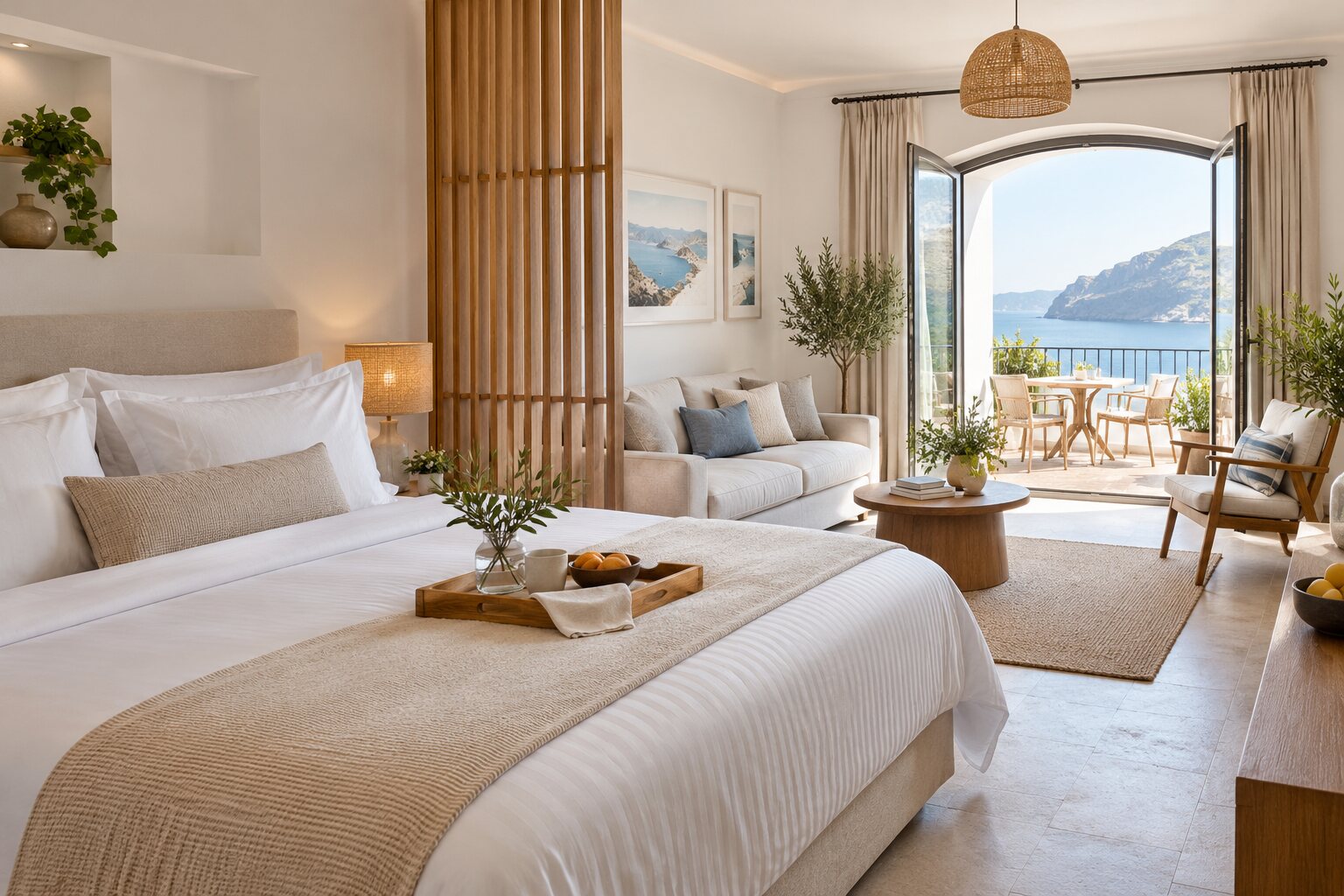 Estudio vacacional luminoso con cama, zona de salón y terraza frente al mar