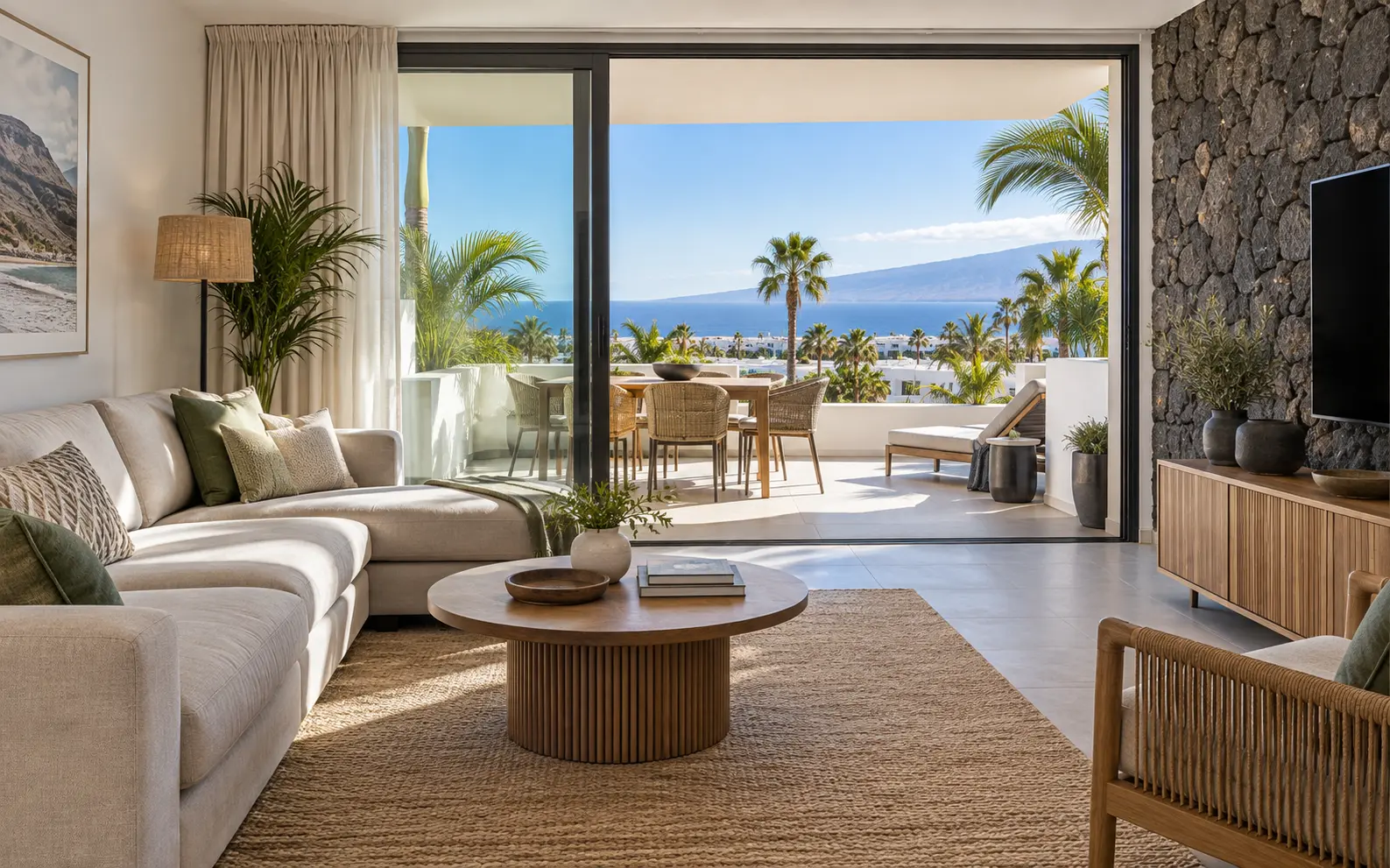 Salón de vivienda vacacional con pared de piedra volcánica y terraza con vistas al mar y palmeras