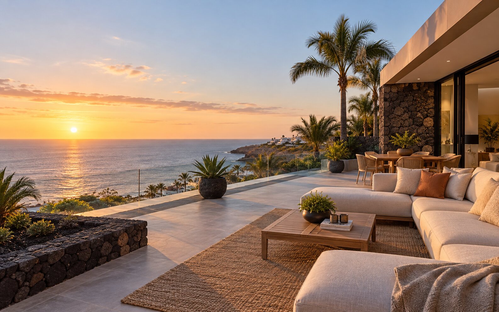 Terraza de una villa en Tenerife con sofás frente al océano al atardecer